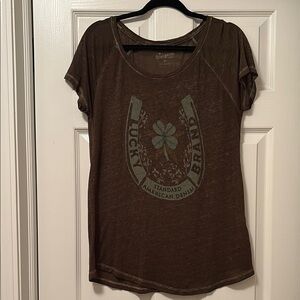 Lucky Brand Sheer Greenish Gray Horseshoe Graphic Women's Top